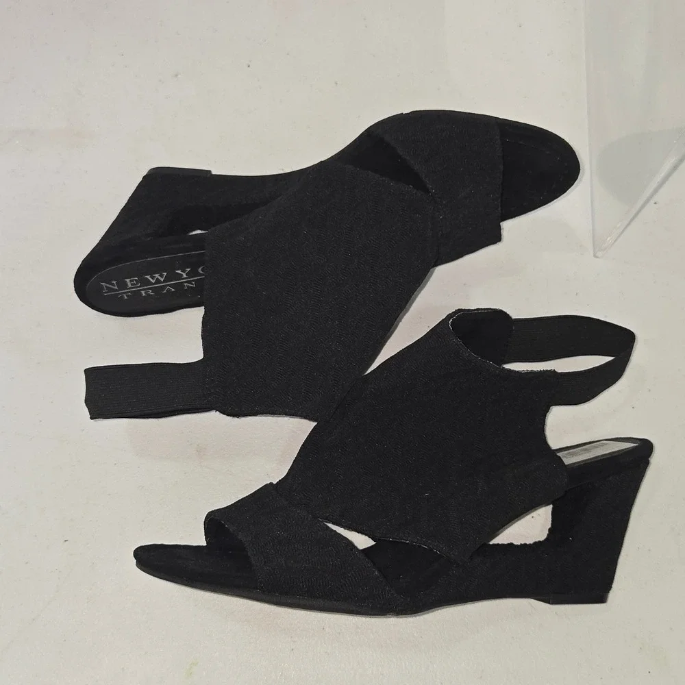 New York Transit Womens Black Wedge Sandals Slingback Open Toe Shoes Size 10M